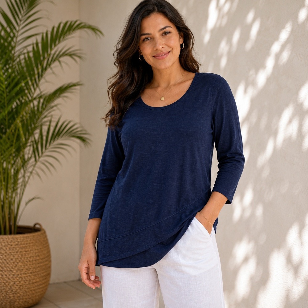 Chicos The Ultimate‎ Tee Navy Blue Cotton Modal Asymmetrical Hem Top Size 0 S